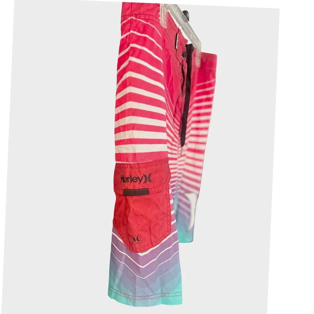 Hurley Mens Board Short Size 34 Red Teal Sunburst Striped Swim Trunks MBS0004710